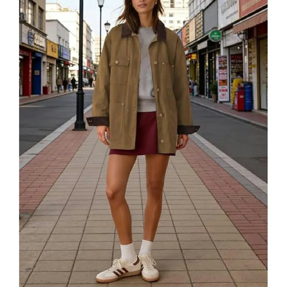 Oversized Utility Cotton Coat Corduroy Collar Vintage Workwear with Pockets